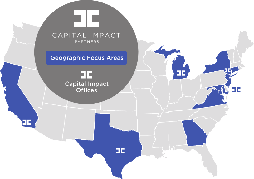 Map illustrating areas of focus for Capital Impact Partners: California, Georgia, Maryland, Michigan, New Jersey, New York Ohio, Texas, and Virginia.