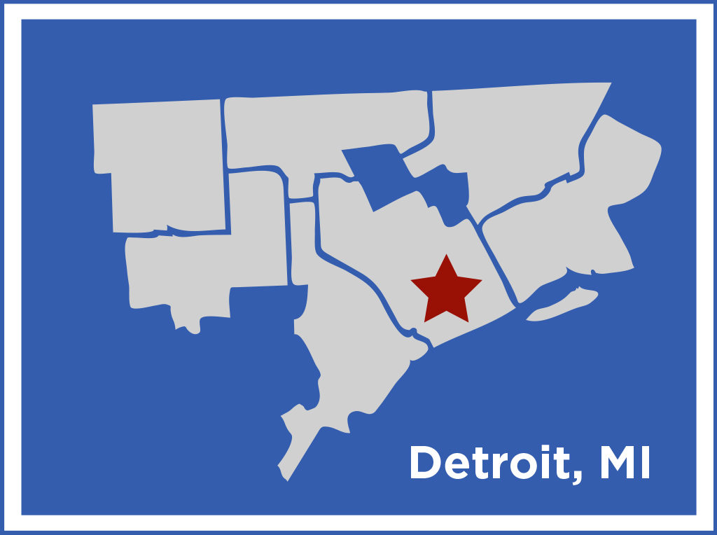Map displaying a zoomed out area of Michigan, with a star on the city of Detroit, MI.