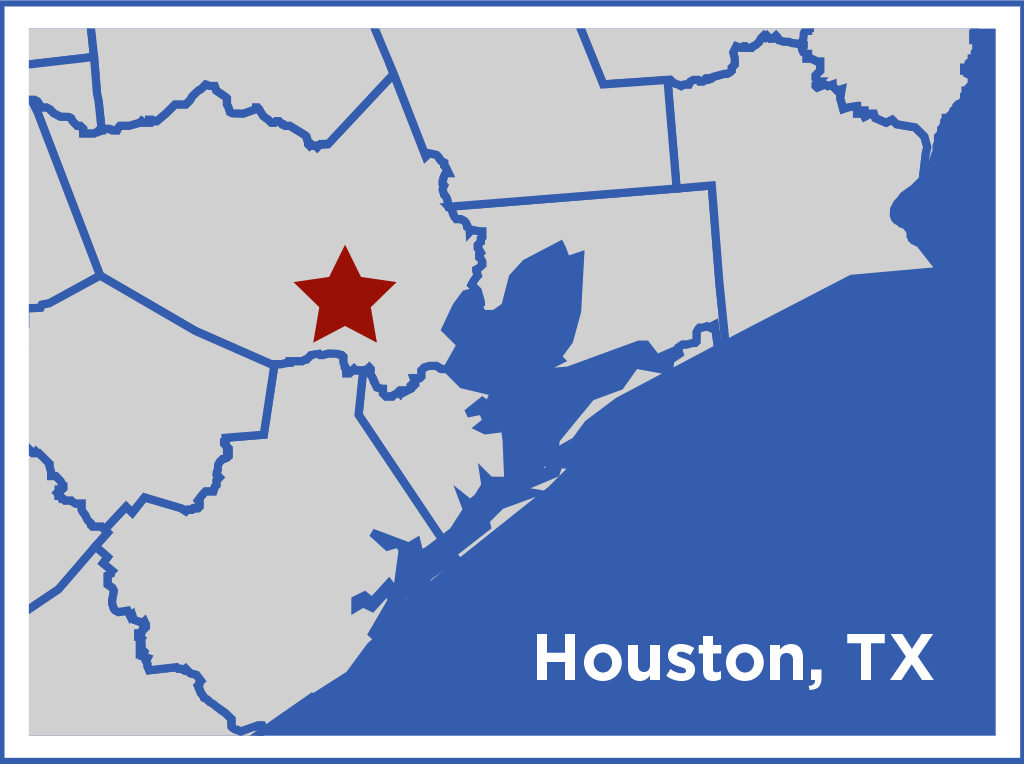 Map displaying a zoomed out area of Texas, with a star on the city of Houston, TX.