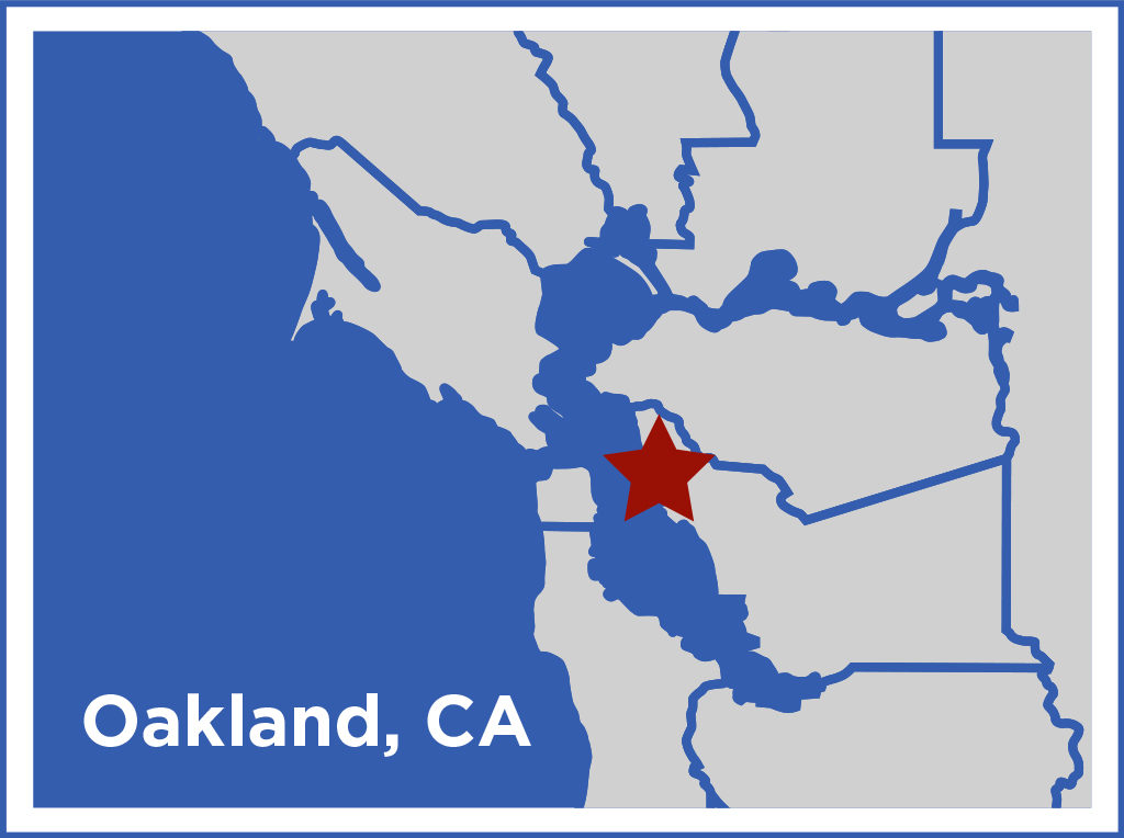 Map displaying a zoomed out area of California, with a star on the city of Oakland, CA.