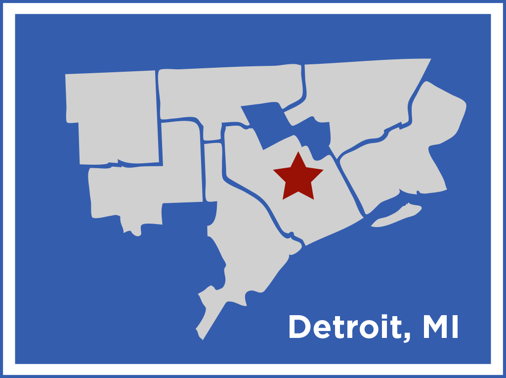 Map displaying a zoomed out area of Michigan, with a star on the city of Detroit, MI.