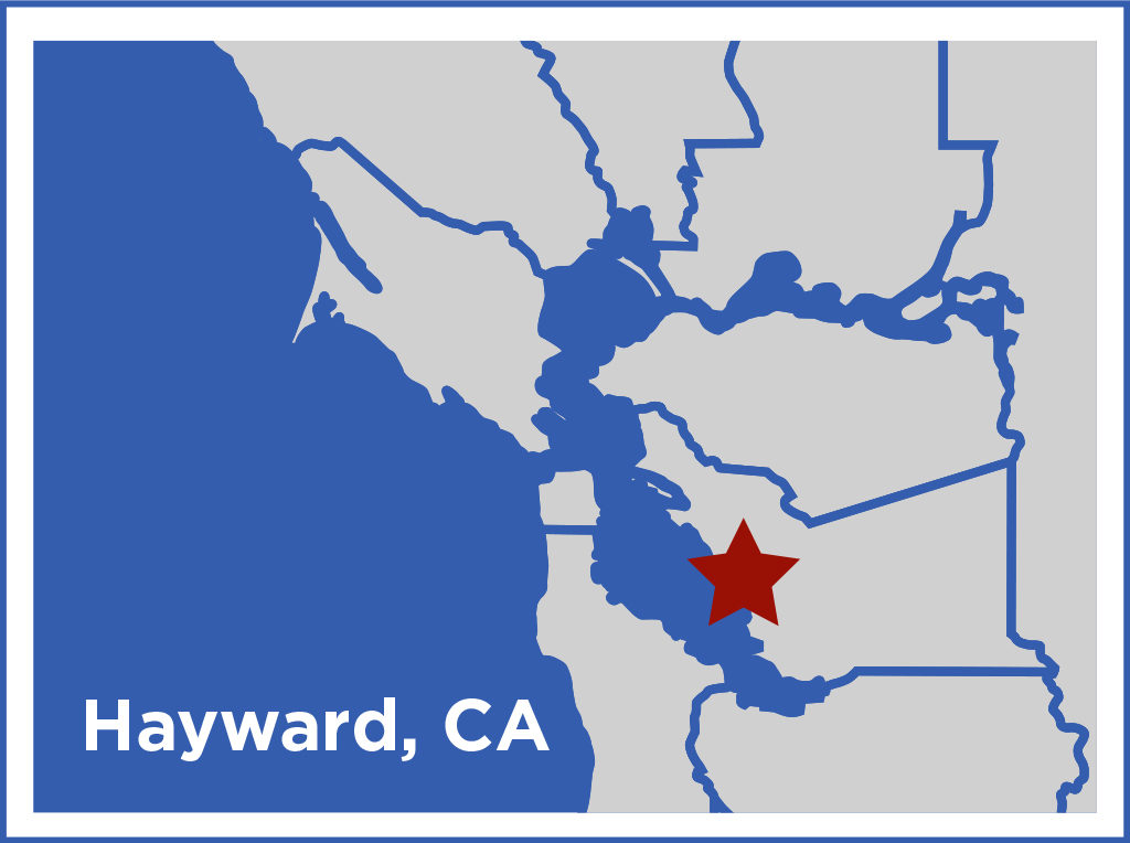 Map displaying a zoomed out area of California, with a star on the city of Hayward, CA.