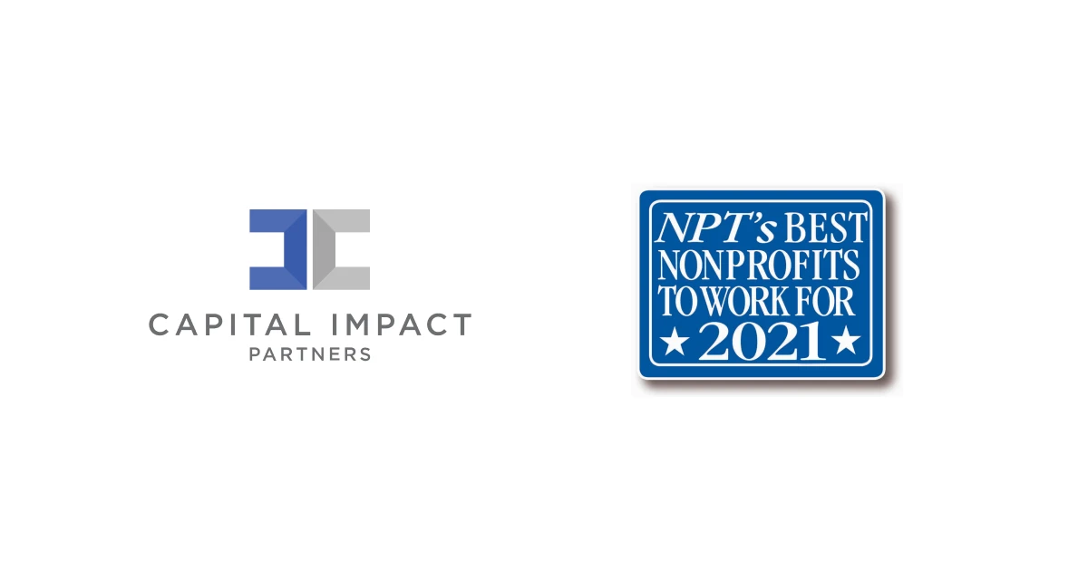 Capital Impact Partners logo and NonProfit Times Best Nonprofit to Work For 2021 badge on a white background