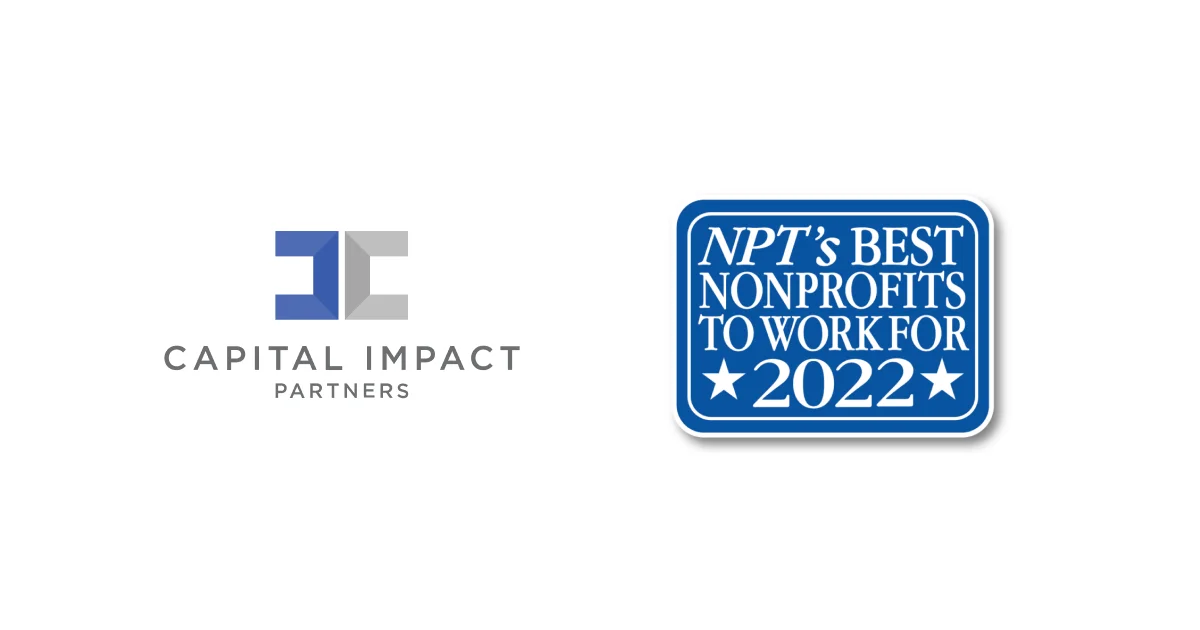 Capital Impact Partners logo and NonProfit Times Best Nonprofit to Work For 2022 badge on a white background