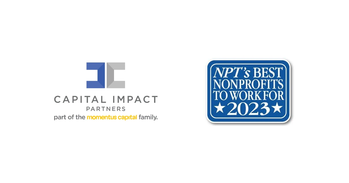 Capital Impact Partners logo and NonProfit Times Best Nonprofit to Work For 2023 badge on a white background