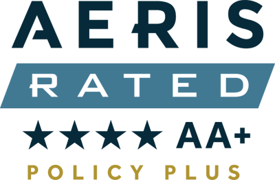 Logo for Aeris ratings showing four stars for impact management and AA+ rating for financial strength and performance