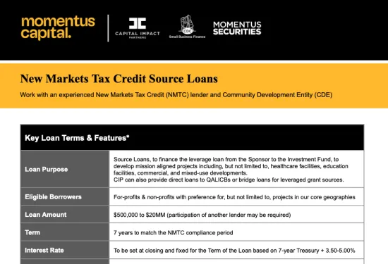 Preview of "Momentus Capital New Markets Tax Credit Source Loans" Fact Sheet (PDF)