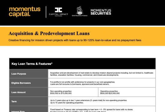 Preview of "Momentus Capital Acquisition & Predevelopment Loans" Fact Sheet (PDF)