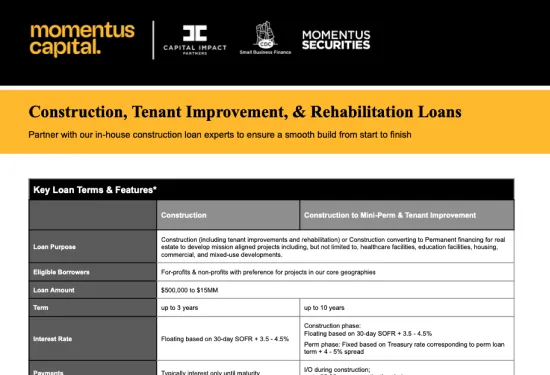 Preview of "Momentus Capital Construction, Tenant Improvement, and Rehabilitation Loans" Fact Sheet (PDF)