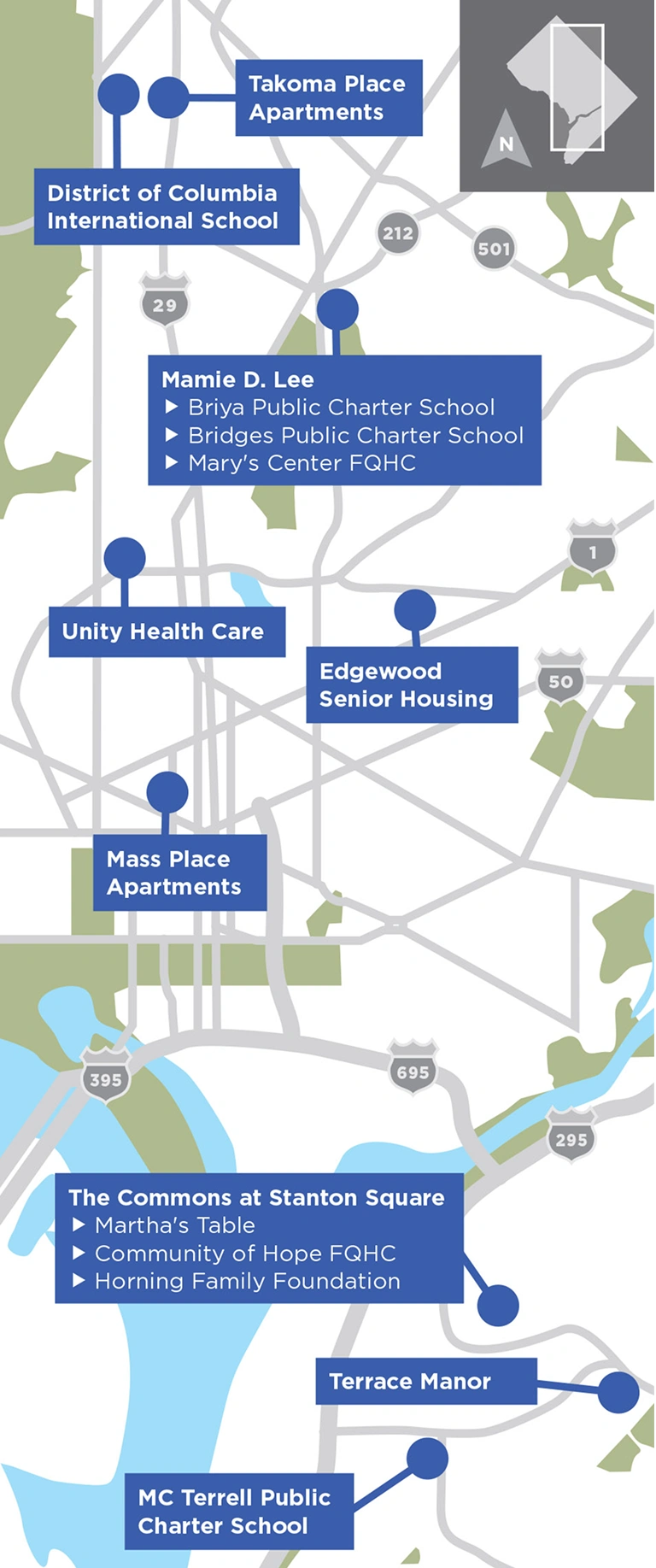 Map of locations in the metro D.C. area, showcasing Capital Impact's 2017 funding for community-enhancing projects across the city.