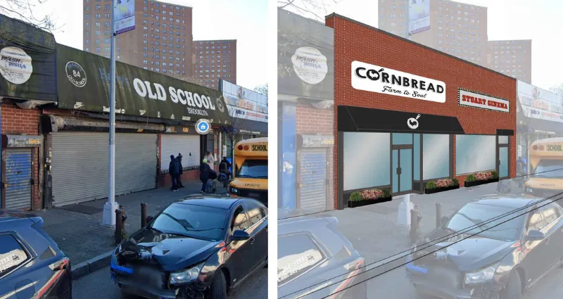 Computer rendering of Cornbread’s Brownsville location illustrating how mezzanine debt financing for small businesses and community development loans support neighborhood revitalization. Caption: A computer rendering shows Cornbread Farm to Soul’s Brownsville, Brooklyn location (before and after renovations) made possible through flexible mezzanine financing and community development loans from Capital Impact Partners.