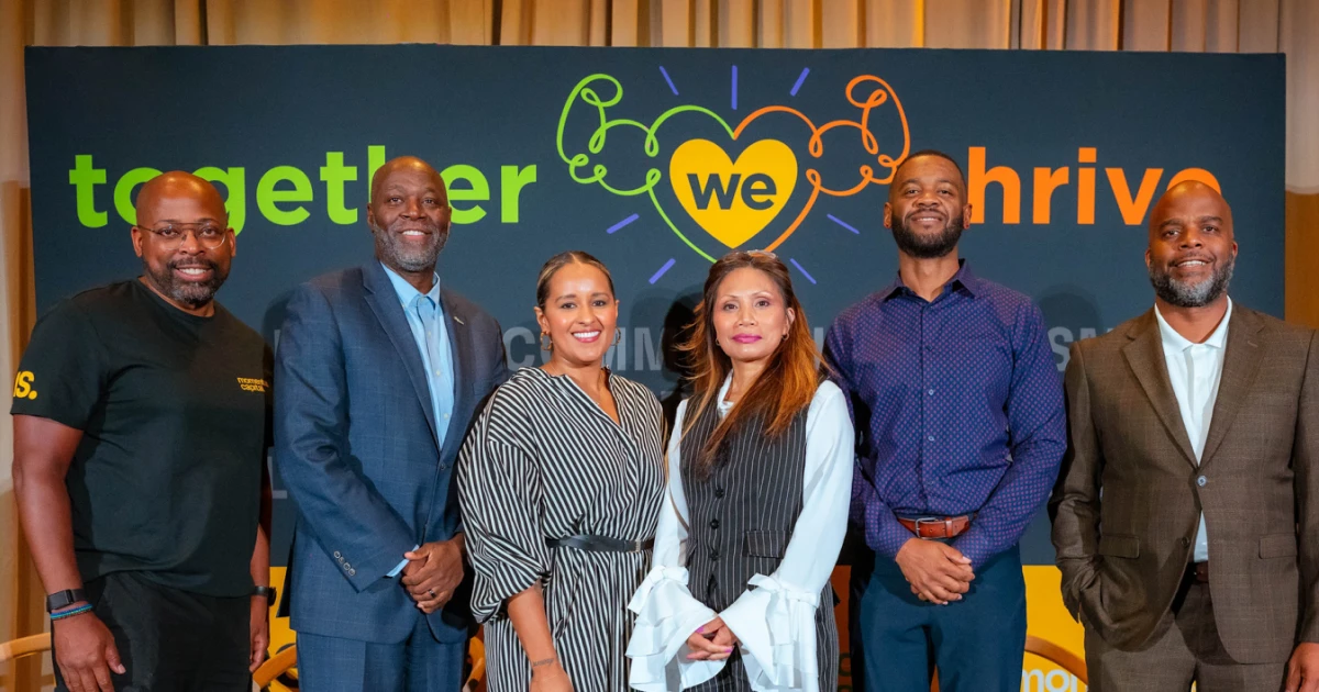 Participants in the borrower panel smile at the camera after discussing their experiences receiving funding and support from Momentus Capital in Atlanta.