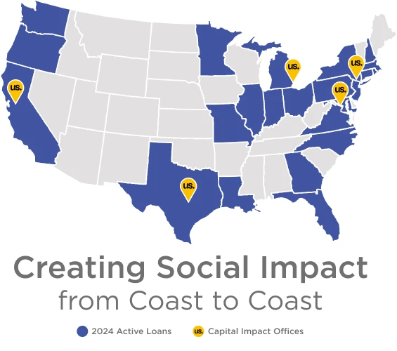 United States map highlighting states with active loans (as of 2024) from Capital Impact Partners. Also highlighted are Capital Impact Partners' corporate offices.