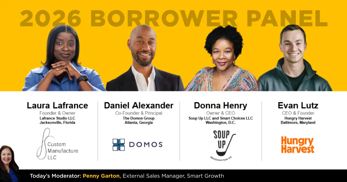 Graphic introducing the 2026 Momentus Capital borrower panel with Laura Lafrance, Daniel Alexander, Donna Henry, Evan Lutz, and moderator Penny Garton.